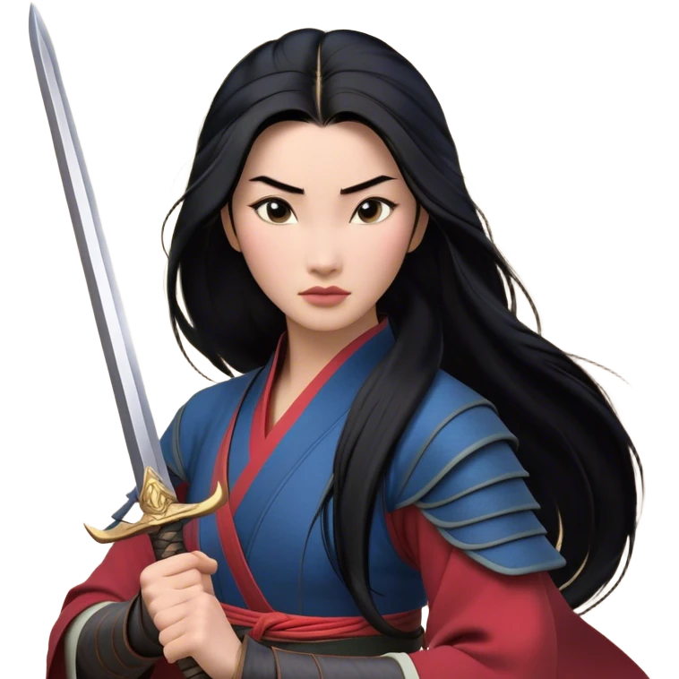 Cinematic Realistic Mulan Portrait, depicted with lifelike skin texture, soft natural lighting, and intricately detailed long black hair styled elegantly. Her deep, expressive eyes exude determination and grace, complemented by a serene yet confident expression. She stands with one hand resting on the hilt of her sword, the other by her side, exuding strength and poise. She is dressed in her classic attire, with rich fabric textures and delicate folds that catch the light beautifully. The portrait features a soft, enchanting glow with a natural, radiant finish, capturing the essence of timeless strength and beauty in a realistic and painterly style, evoking a sense of depth and authenticity. emoji