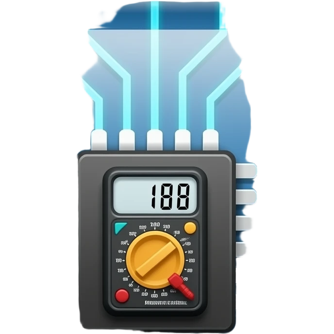 An icon featuring circuit boards, glowing wires, and a multimeter, nose form emoji