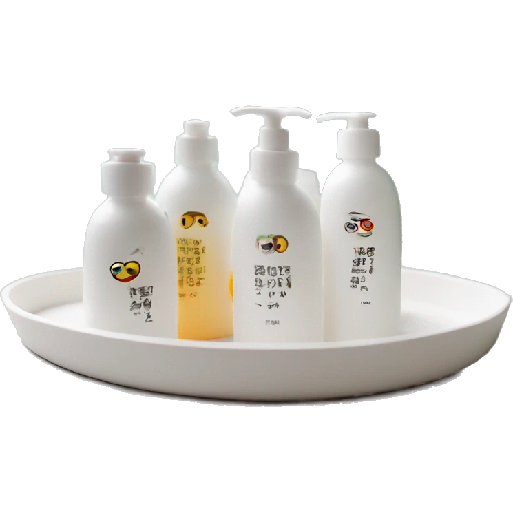 korean skincare bottles standing on bathroom tray side view emoji