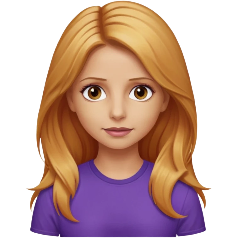 Sarah Michelle Gellar with hazel eyes, strawberry blonde long hair, purple shirt emoji