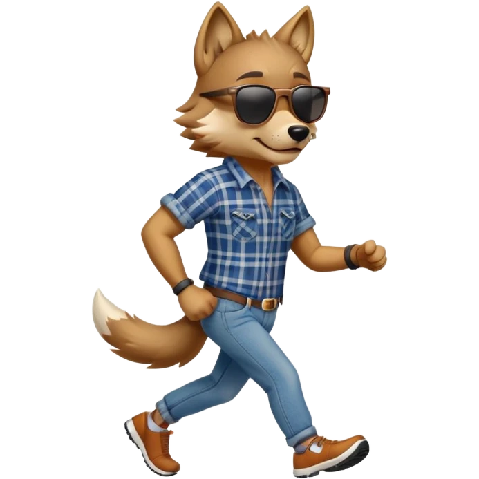 friendly anthropomorphised wolf in jeans and plaid shirt, wearing dark sunglasses, jogging upright in relaxed pose emoji
