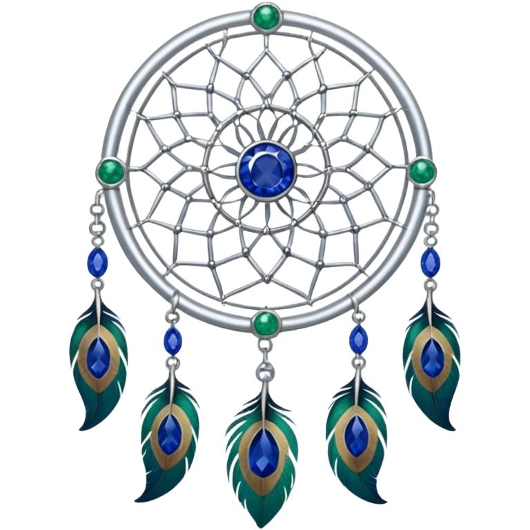 a Silver Dreamcatcher with sapphire-stones and emerald-stones, and with peacock-feathers. Big sapphire gem in the middle. Many tiny emerald gems around it.   emoji