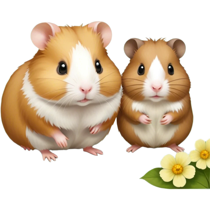 Icon for Hamster and Guinea Pig: A portrait-style collage with a fluffy hamster with soft fur, looking curious, and a friendly guinea pig with long, smooth fur, both on a soft green background with flowers and soft light. Transparent background. emoji