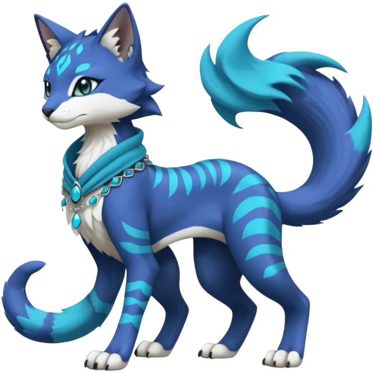 Kawaii cute Indigo Turquoise Grey beautiful pretty elegant divine edgy feline-vernid-sergal-Fakémon-Pokémon-Digimon-fursona-animal-creature, full body, with intricate detailed markings, silken shawl, decorative anklets emoji