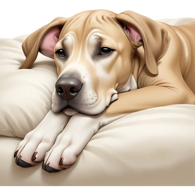 Meme-Worthy Cute Sleeping Fawn Great Dane Portrait Emoji, Head resting peacefully with a contented smile, showcasing a delightfully solid build and a luxuriously soft fawn Fur, eyes shut in a serene nap, Simplified yet hilariously adorable features, highly detailed, glowing with a soft, drowsy light, high shine, relaxed and utterly lovable, stylized with an air of playful laziness, bright and heartwarming, soft glowing outline, capturing the essence of a comically sleepy guardian, so meme-worthy it feels like it could instantly become the next viral sensation of adorable slumber! emoji