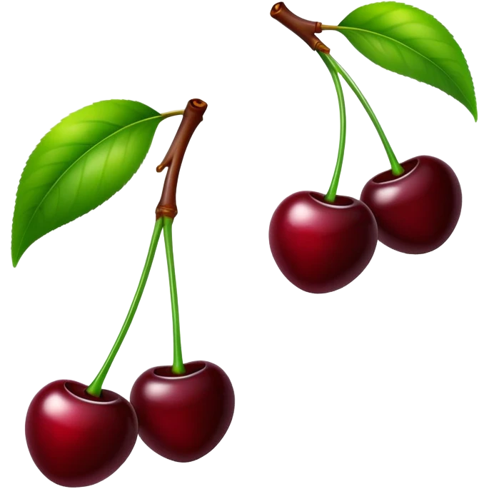 Pair of dark burgundy cherries with green stem, deep rich red color emoji