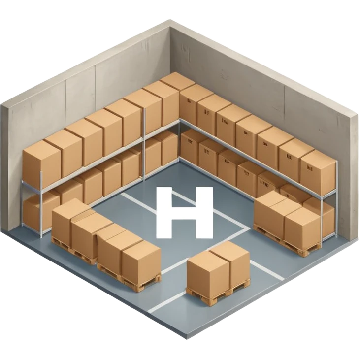 warehouse layout with shelves and a path in the shape of the letter H, simple and clear emoji