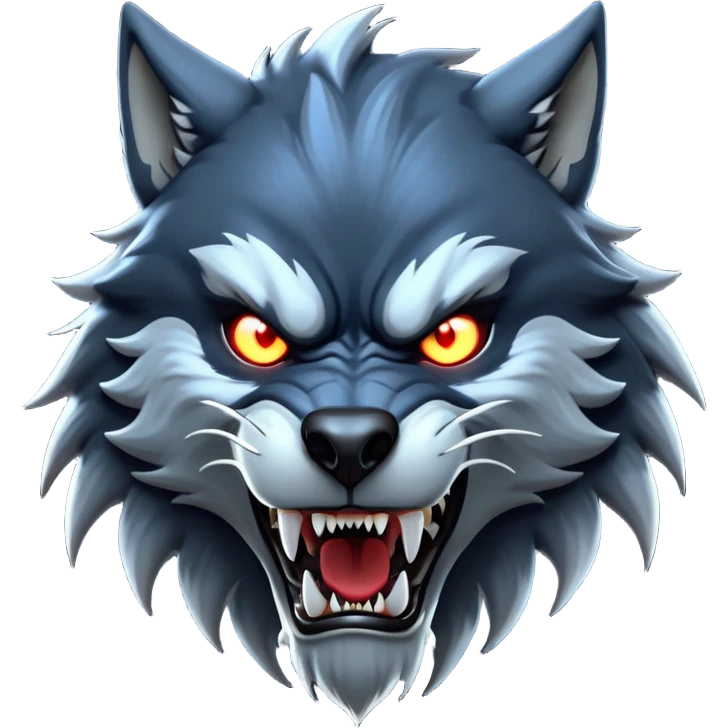 cinematic-noble-fierce-werewolf-head-close-up-emoji, poised-and-imposing, with a fierce wolfish face featuring glowing eyes full of primal ferocity, sharp, elongated fangs and a rugged snout, fur rippling in shades of midnight black and silver, muscles tensed and hunched over in an intense, threatening stance; rendered with realism, capturing the raw, untamed power of the beast beneath the moonlit sky emoji