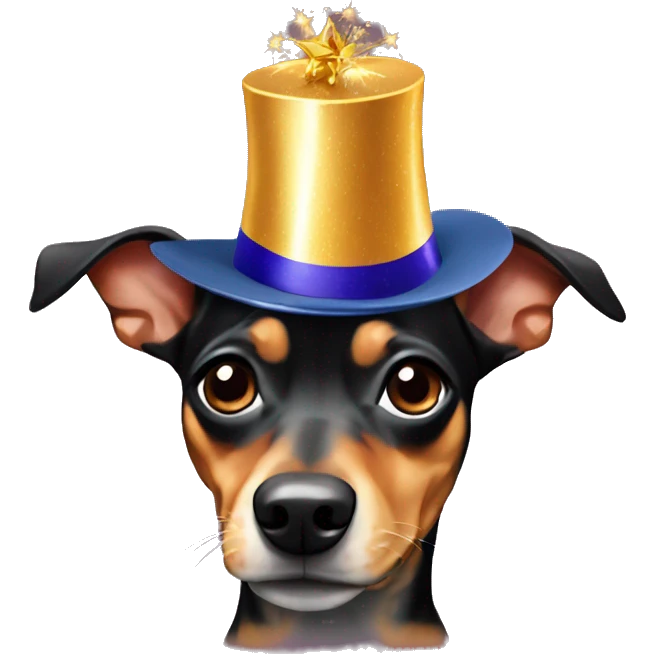 Minituare  Pinscher wearing new years hat emoji