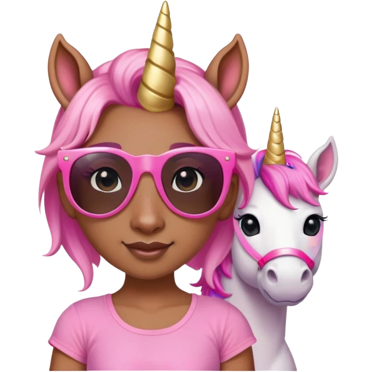 friendly anthropomorphised female unicorn with horse-like face, in tutu and pink t-shirt, wearing dark sunglasses, standard pose, close-crop head and shoulders portrait emoji