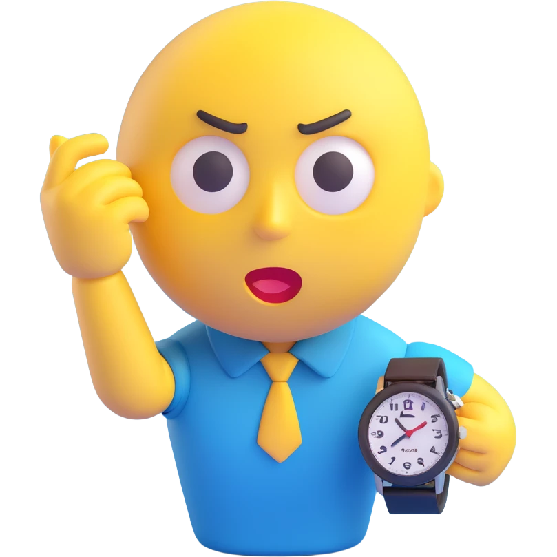 A yellow emoji face with a worried expression, looking at a wristwatch with raised eyebrows, showing urgency and stress emoji