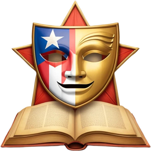 Ancient leatherbound book with prominent Puerto Rican flag star in center of cover, wooden theater masks and curtains framing the edges, warm amber glow emanating from pages, vintage textured parchment emoji