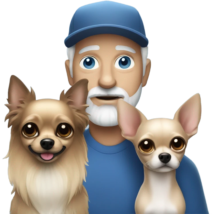 Blue eyed Old man with goatee beard ball cap holding long haired black chihuahua emoji