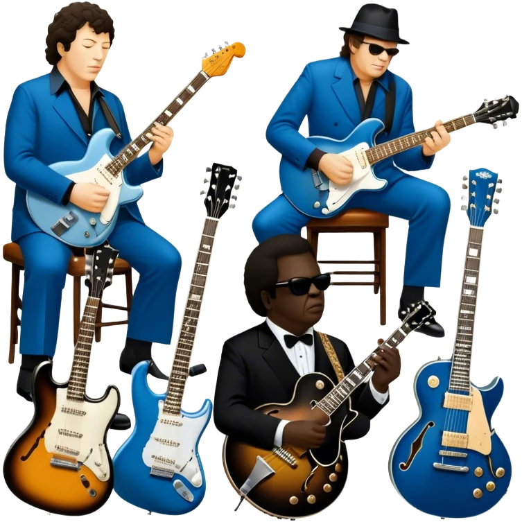 Icon for Blues Music: close-up collage of legendary blues artists. Gary Moore, Eric Clapton, B.B. King and Joe Cocker. Represented by silhouettes or symbolic items like guitars, microphones, or music notes, reflecting the soulful energy of blues music. Transparent background. emoji