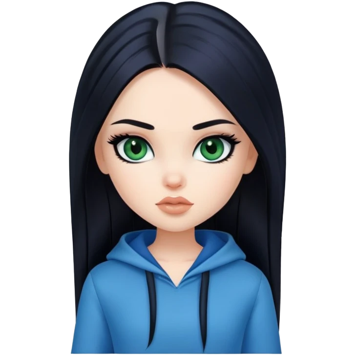 pretty bratz girl, long straight black hair, dark green eyes, black eyeliner, pale skin, blue style emoji