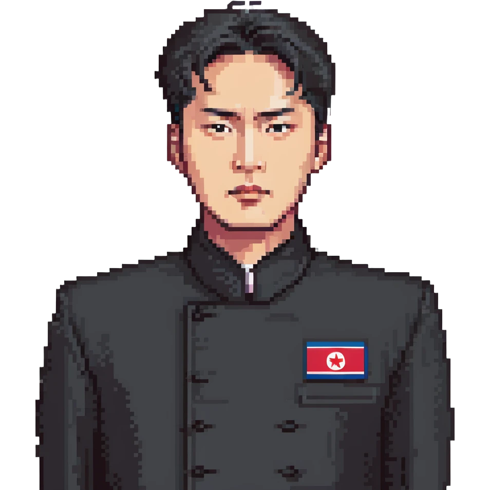 Portrait of a North Korean man, serious and stern, official portrait of a chief engineer at a shipyard, wearing formal dark clothing, neutral background, restrained style, DPRK propaganda style portrait, minimalist, masculine, confident gaze emoji