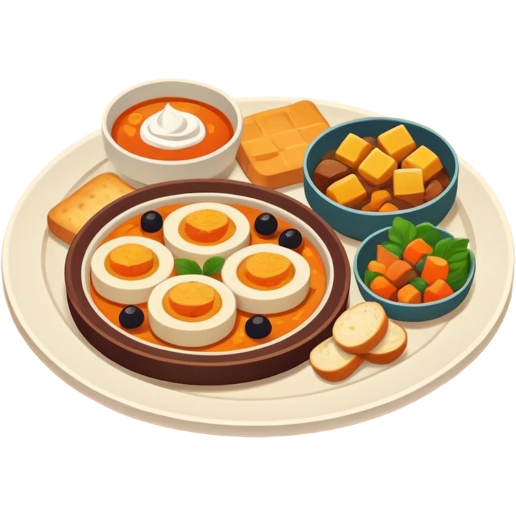 Homemade dishes on a plate, warm cozy colors, simple shapes, flat design, high contrast, friendly and inviting. emoji