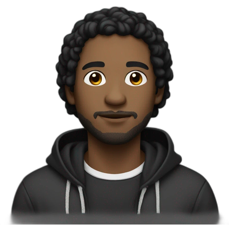 a white skin guy with weavy short black hair wearing a black hoodie iwth white logo emoji