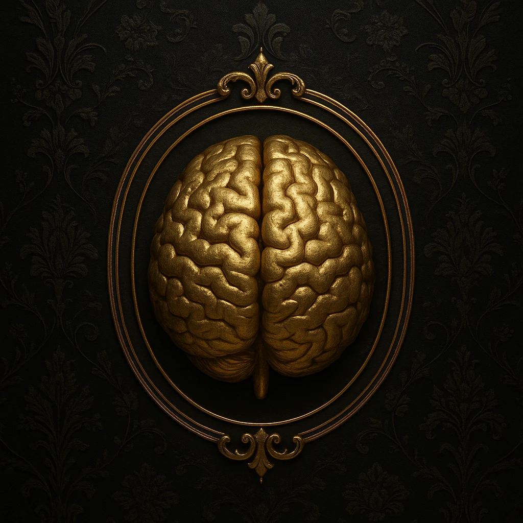 ultrarealistic 3d gold brain symbol, representing common sense, on a dark black background with high-definition Victorian silk pattern and gothic florals. The brain is the main symbol, inside a thin, ornate frame that follows its shape, with a spotlight effect. Classic, arcane, mysterious, and elegant. emoji