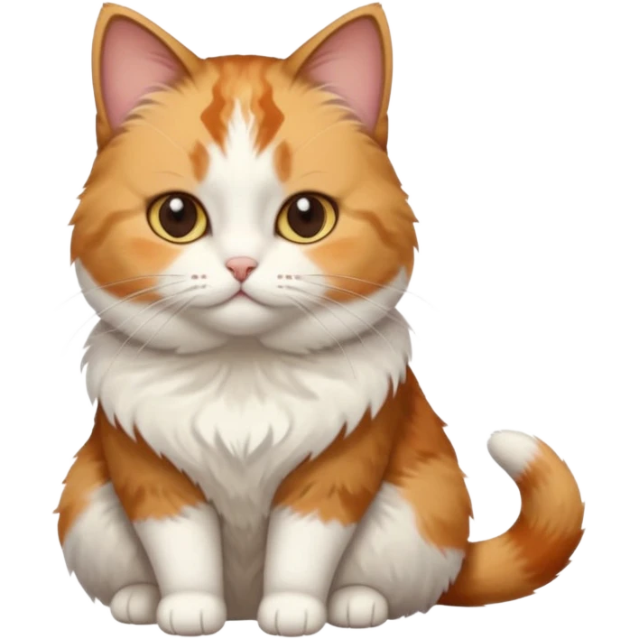 calico and white cat with small head, hazel eyes, and short but chubby body emoji