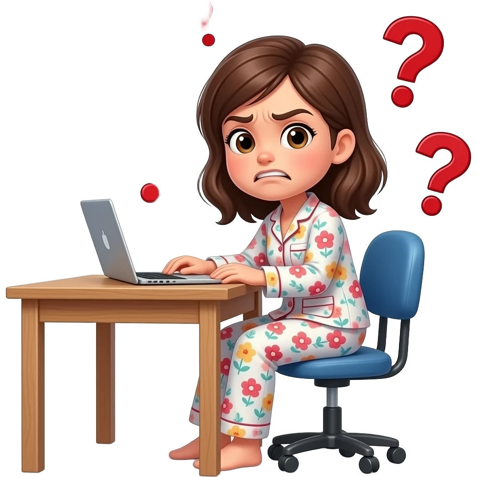 a girl in her pajama sitting at the desk turning around to us with disgusted expression and raised eyebrows - around her there are red question marks in the air and the red phrase also in the air: Nu chto?? emoji