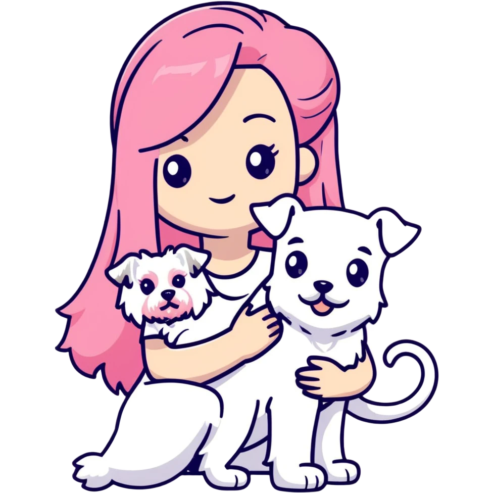 Girl with long flowing pink hair holding a white schnauzer dog emoji