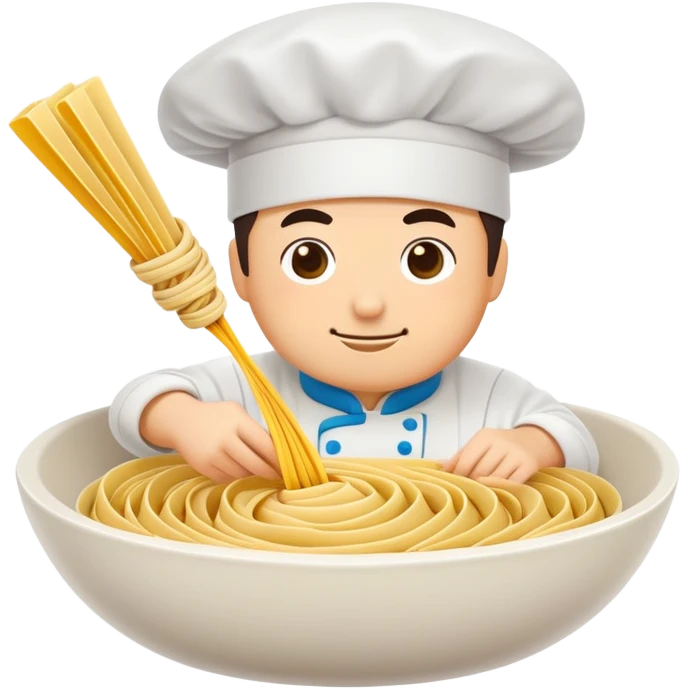 Shanxi knife-cut noodles with chef slicing dough, simplified emoji style with bold outlines and bright colors, cartoon style flying noodle strips emoji