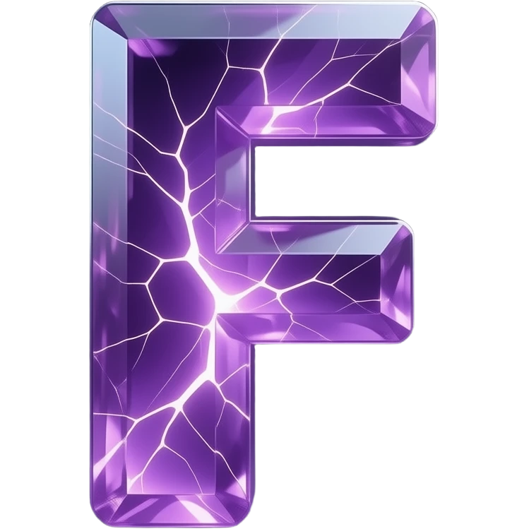 A hyper-realistic 3D letter 'F' carved from translucent purple amethyst, filled with glowing internal fractures. Volumetric lighting, cinematic glow, dark background, 8k resolution, emoji