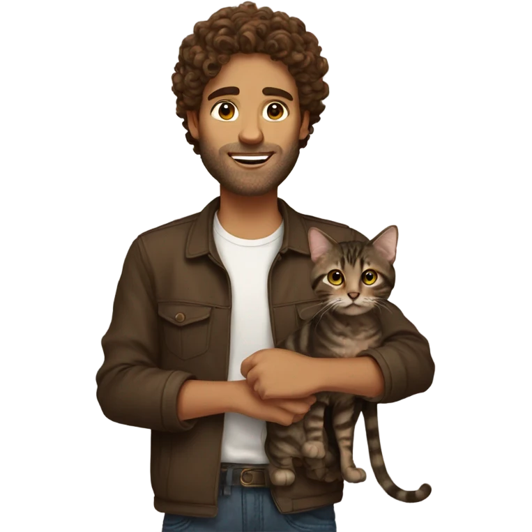 Man with brown curly hair holding dark brown tabby cat emoji