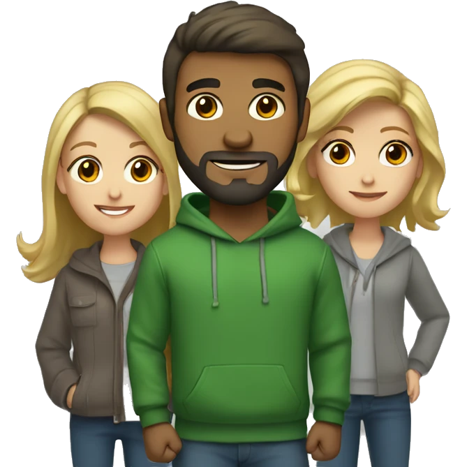 two girls and one guy. one of the girls is a blonde in a green sweater, the other has brown hair and wear gray hoodie, in the middle is a guy with dark hair and a beard emoji