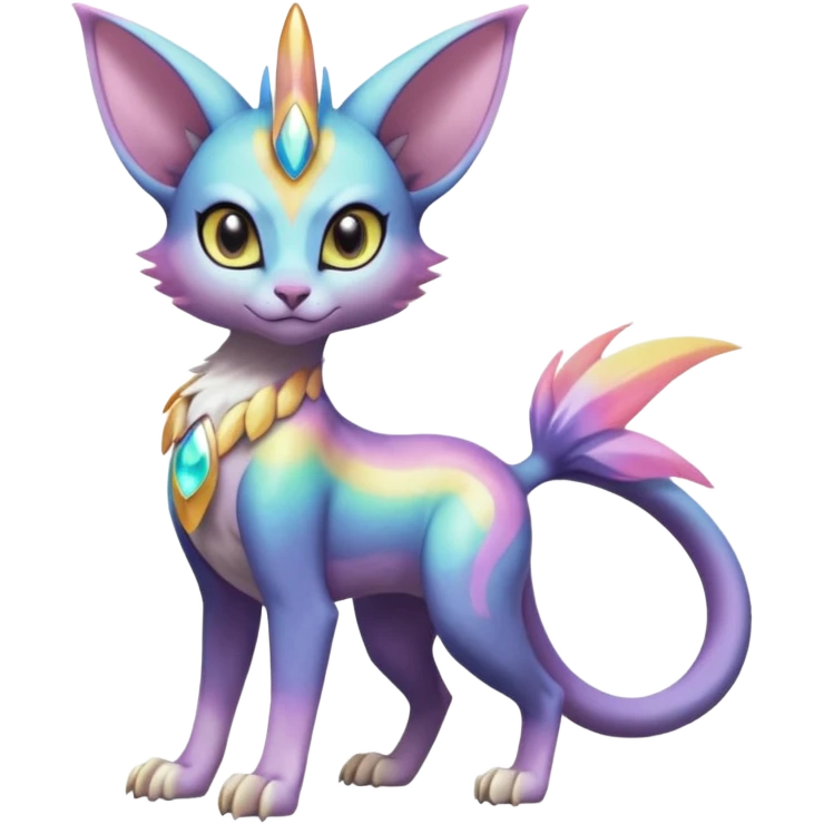 Colorful soft vibrant pastel shiny gradiented Meloetta-Spyro-Sphynx-Lykoi-Sergal-Renamon-Wargreymon-Pokémon-Digimon-Fakémon-fusion-hybrid-creature emoji