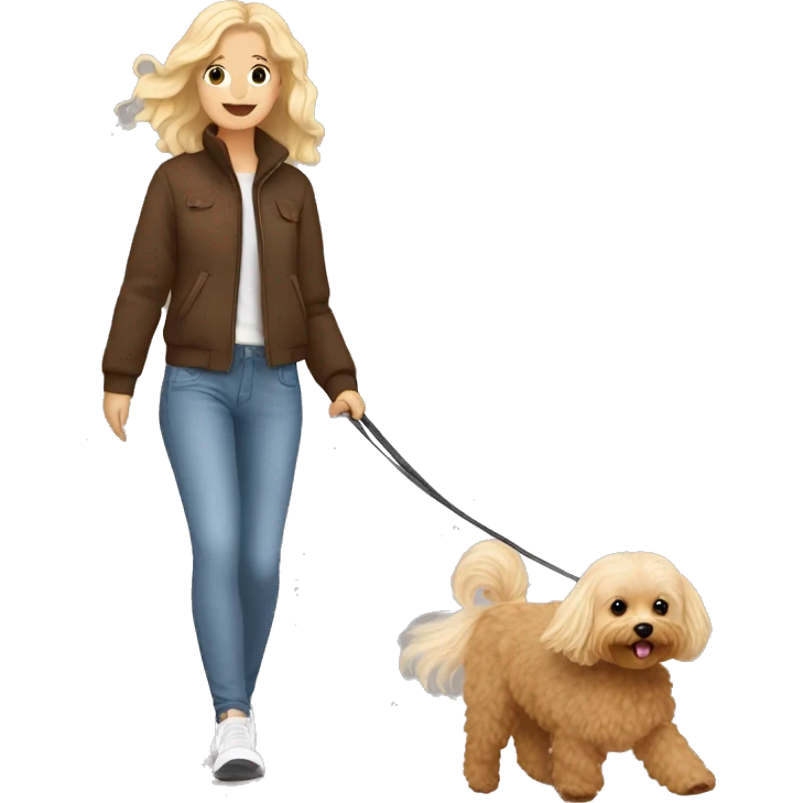 Brown Maltipoo walk with blonde girl with long hair emoji