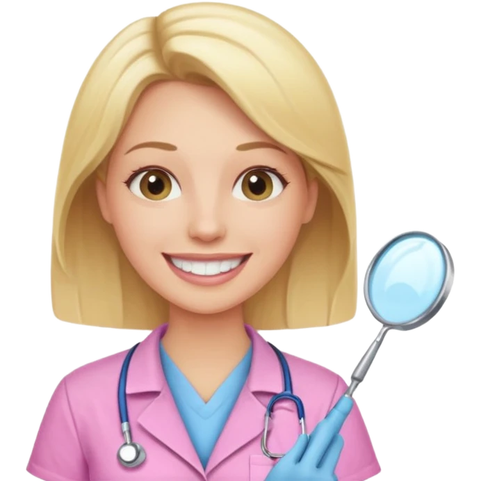 dentista mulher, loira, pele branca, camisa rosa, sorrindo transmitindo verdade e confiança emoji