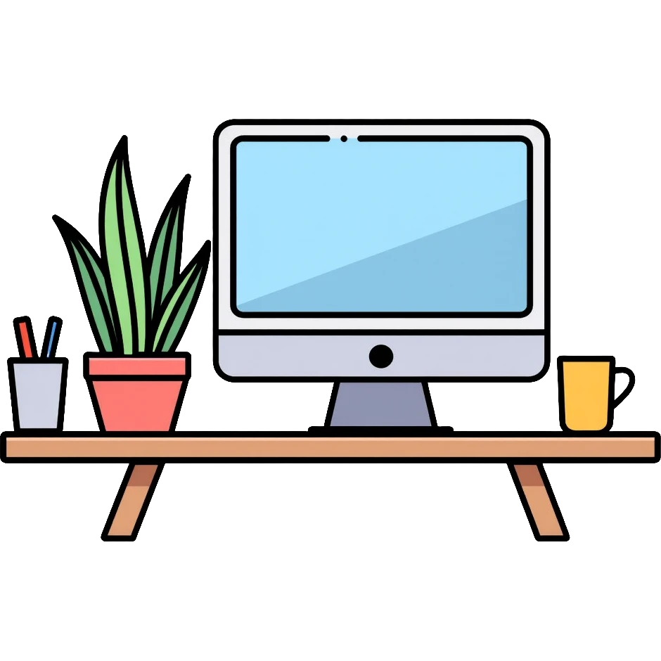 Clean and organized workspace desk with a computer monitor and a small potted plant, minimal clutter, organized office supplies emoji