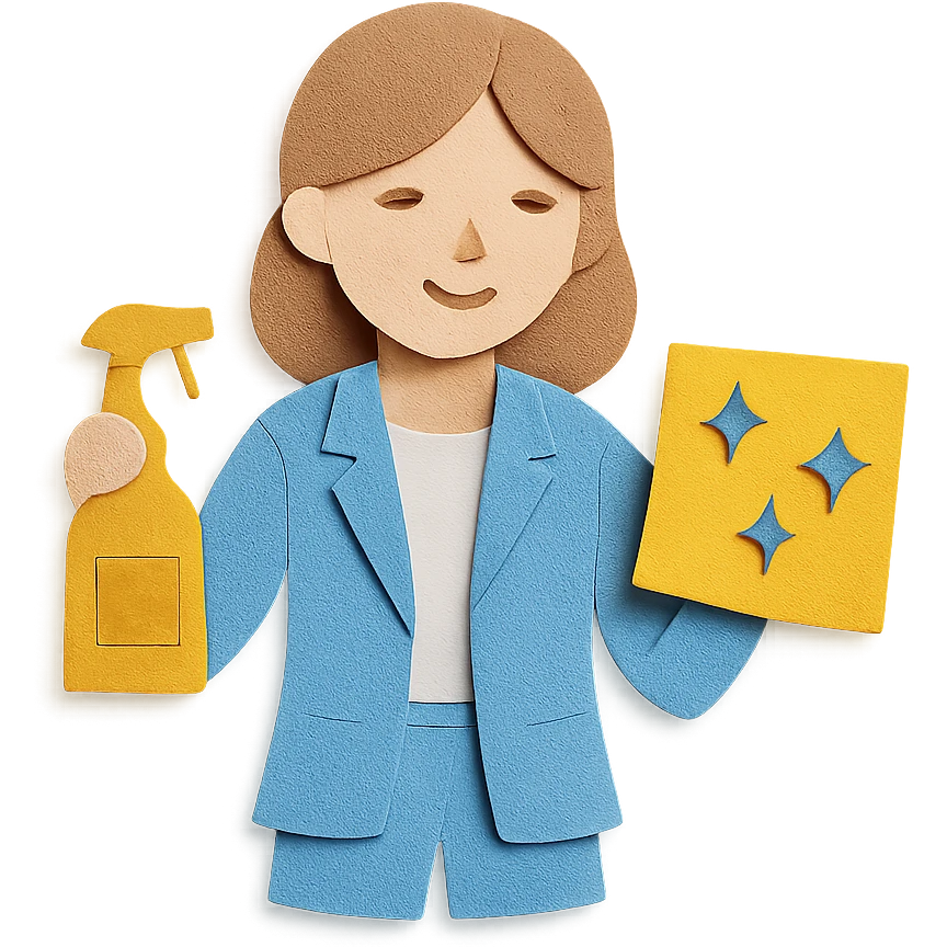 light-skinned woman in a light blue suit cleaning emoji
