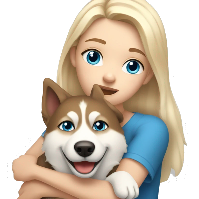 a girl with blue eyes and light-blond hair hugs a husky dog ​​with brown eyes emoji