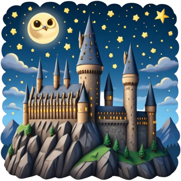 hogwarts castle on a starry night and owl flying in the air emoji