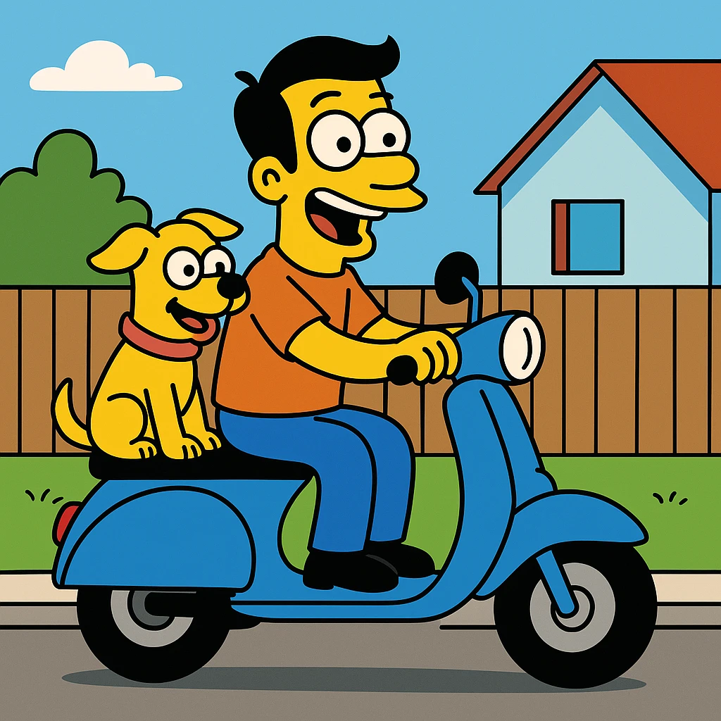 man and his pet dog riding a vespa emoji