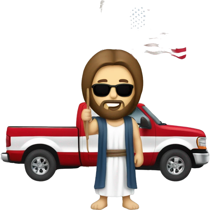 Jesus with a Ford F150 pickup truck and the American flag emoji