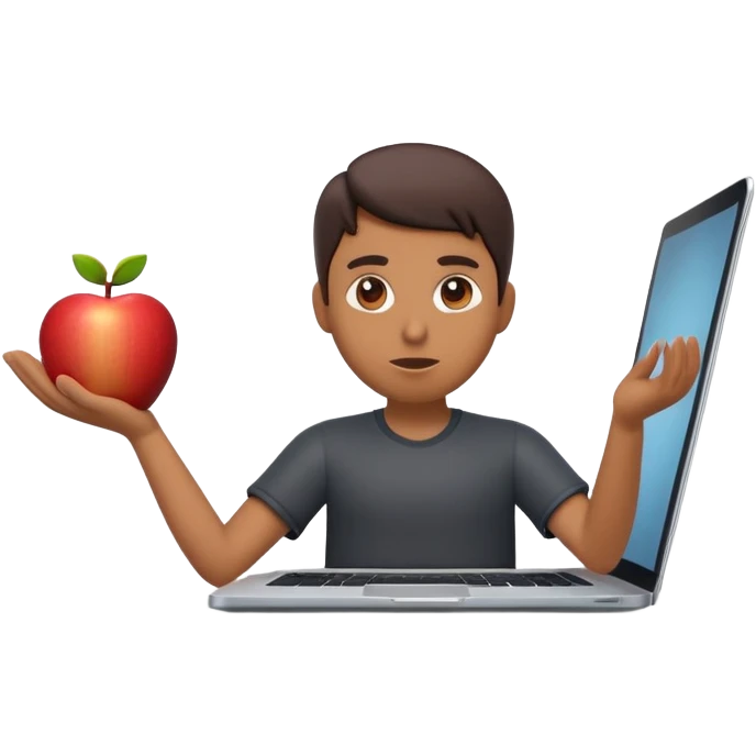 A dark-colored laptop with the screen open. From the screen, a person is emerging, standing or sitting as if giving a lecture or teaching. The person should look expressive and in a teaching pose. Soft shadows, semi-3D Apple emoji style, clean white background. emoji