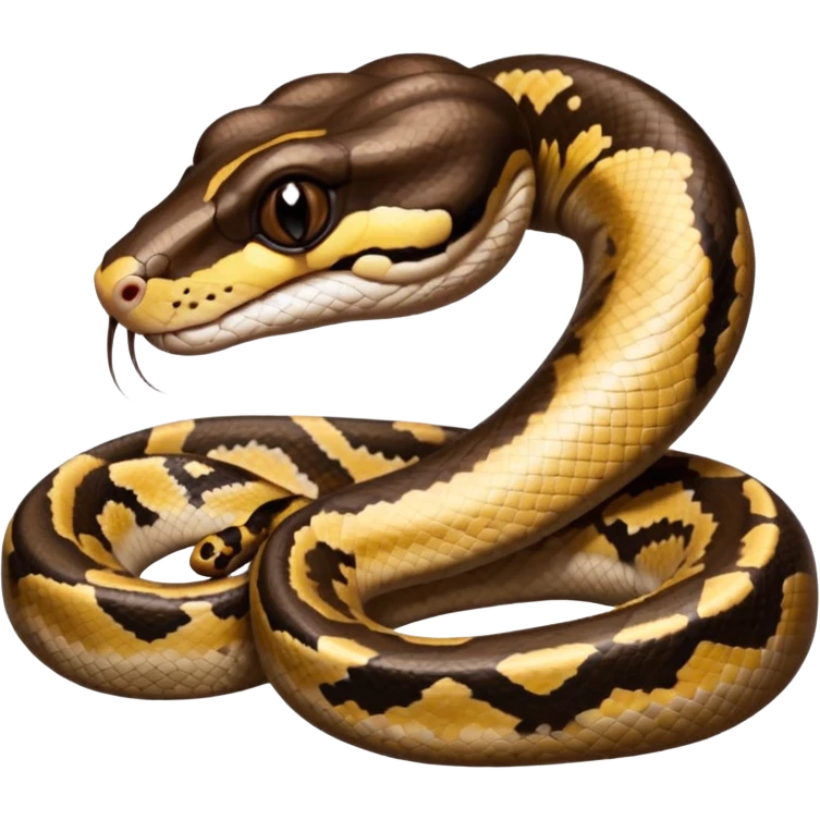 A photo-realistic digital illustration of a Ball Python, large headshot portrait. The snake has a short, rounded snout, smooth contours, and a calm, curious expression. Its head is warm brown with bold, irregular dark markings, including the signature “alien-head” pattern.  emoji