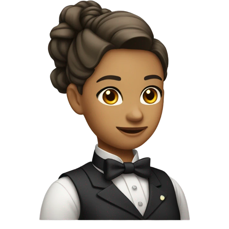 a female butler with a professional and elegant demeanor. She has her hair neatly tied in a ponytail and wears a classic butler uniform, including a tailored vest, crisp white shirt, and bow tie. emoji