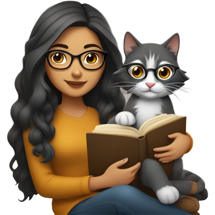 Beautiful Hispanic girl, wearing glasses, long dark- gray hair, sitting with a cat and book on her lap.  She’s wearing fall colors.  emoji
