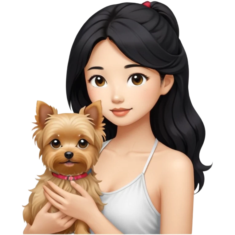 A pretty Asian girl with long, luscious wavy black hair (loose, no hair tie), wearing a white sleeveless halter top. She's holding a Yorkshire Terrier.  emoji