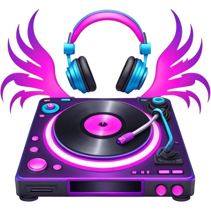 Create a dynamic and modern emoji that represents remixing music. The design should feature a turntable, a soundwave, and music editing software icons to symbolize the process of transforming original tracks. Add elements like a DJ controller or headphones to emphasize the remixing aspect. Use vibrant colors like neon pink, electric blue, and purple to convey the energy and creativity involved in remixing. The background should be transparent. emoji