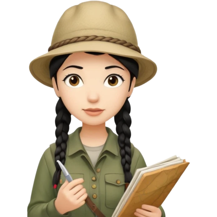 A braid black hair backpacking woman checking her map with curious eyes while walking in the woods with camping hat full body emoji