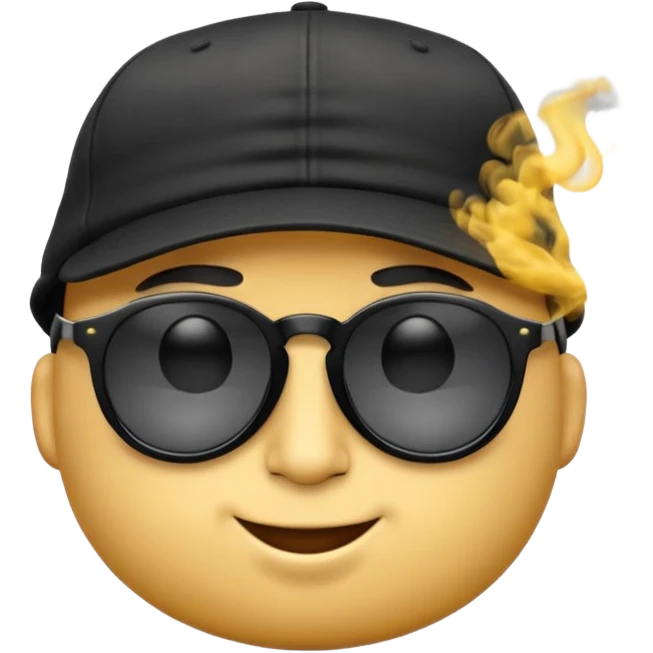 A high-res yellow face emoji with black sunglasses and a backwards black cap, smirking with half-lidded eyes and exhaling soft gray-white smoke, with detailed shading, glossy lenses, and realistic smoke wisps. emoji