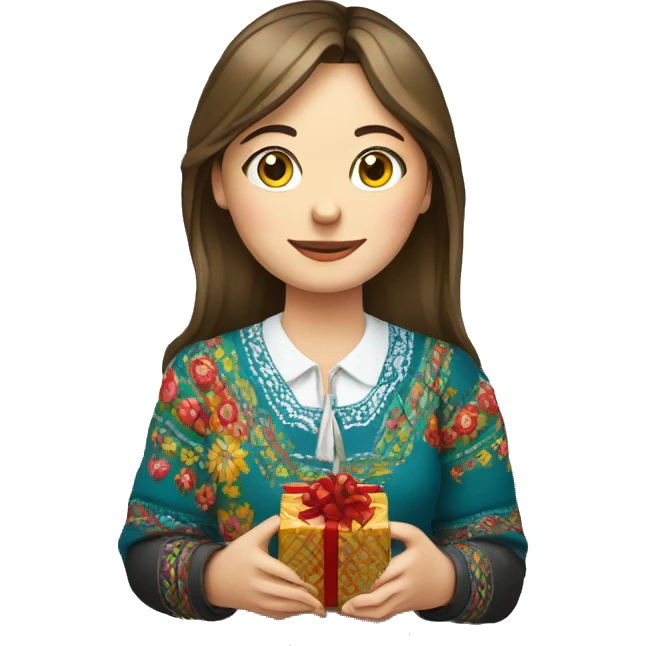 A female teacher in Ukrainian embroidery holds a gift in her hand emoji