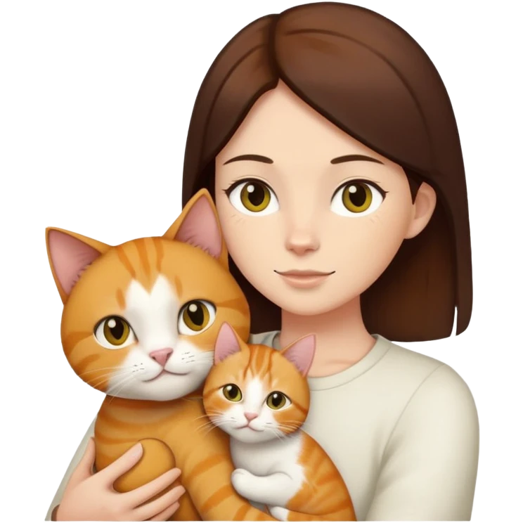 Straight hair ear length in dark brown , holding one ginger cat and one yellow white cat emoji