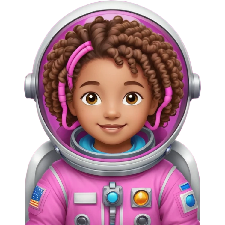 Create a vibrant, 2D digital illustration of Peyton, a 6-year-old African American girl with bright, curious eyes and an infectious smile. She has natural curly hair styled in puffs or braids and wears a pink-themed outfit that reflects her fun, bold personality—whether it’s a pink astronaut suit, chef uniform, or another professional costume from her dream job series. Peyton is full of energy, curiosity, and imagination. She's confident, kind, and always ready for an adventure. The setting should be colorful, playful, and kid-friendly, matching the theme of her current exploration (space, kitchen, classroom, etc emoji